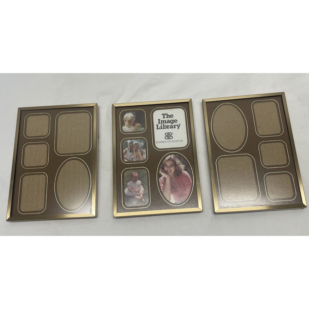 Lot of 3 Vintage Gold Metal Multi Photo Collage Frame 5 Openings Brown Mat 5x7"